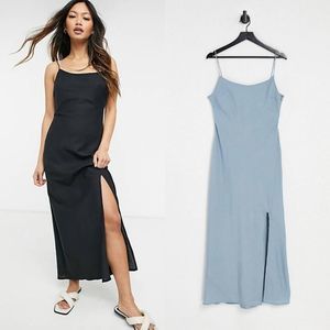 ASOS DESIGN Baby Blue Cotton Linen Flax Cami High Slit Maxi Dress Size 12
